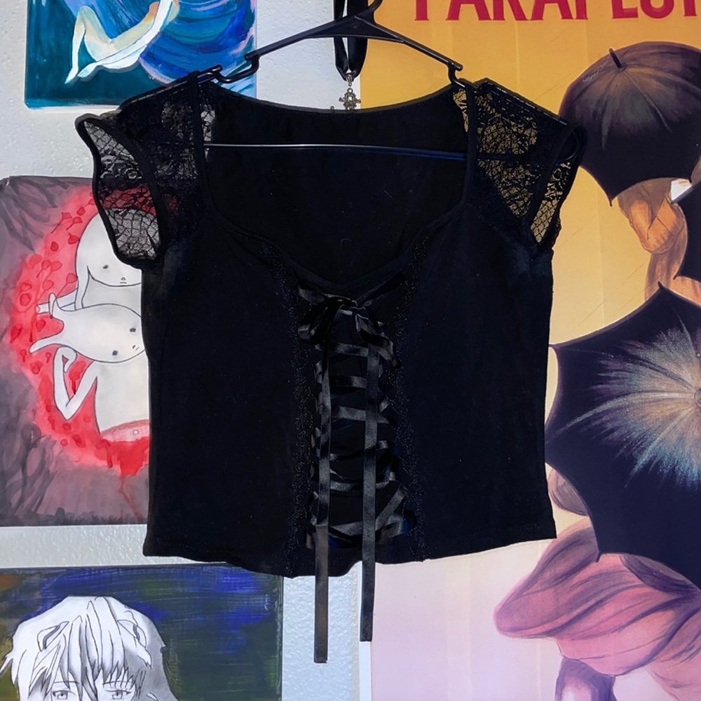 black corseted ribbon lace top